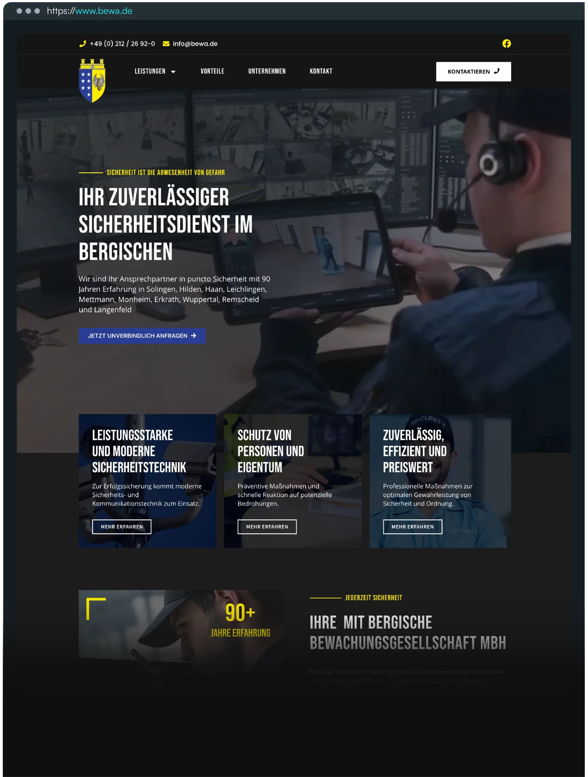 Vollansicht der Startseite der Unternehmenswebsite www.bewa.de. Zu sehen ist der Einleitungsteil (Hero Section) der Website zu Präsentationszwecken. Das Webdesign und die Website-Erstellung erfolgte durch die Solinger Webdesign-Agentur Gernhard, welche auf Anfragen generierende, profitable Webseiten für Unternehmen im Bergischen Land & Rheinland spezialisiert ist.