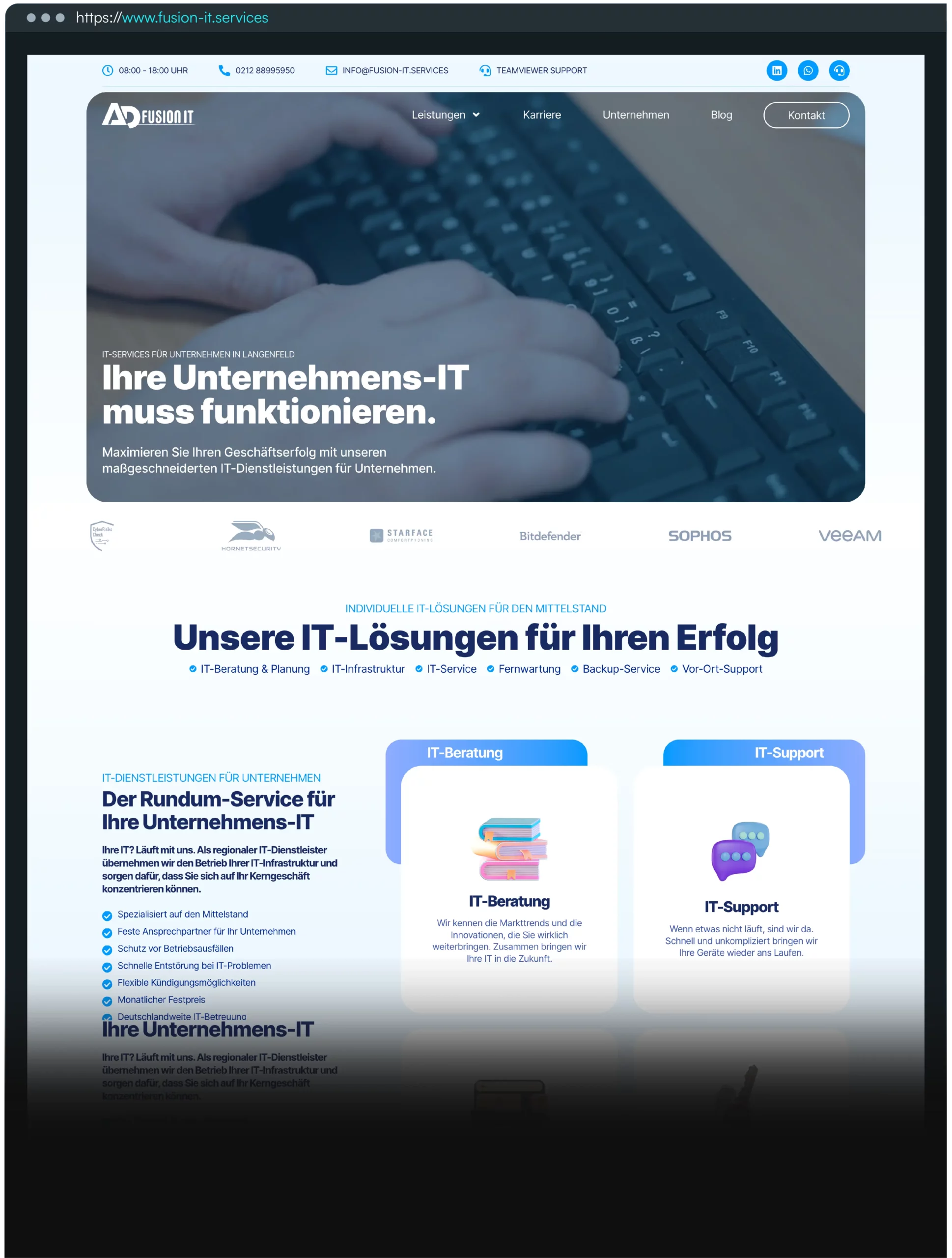 Vollansicht der Startseite der Unternehmenswebsite www.fusion-it.services. Zu sehen ist der Einleitungsteil (Hero Section) der Website zu Präsentationszwecken. Das Webdesign und die Website-Erstellung erfolgte durch die Solinger Webdesign-Agentur Gernhard, welche auf Anfragen generierende, profitable Webseiten für Unternehmen im Bergischen Land & Rheinland spezialisiert ist.