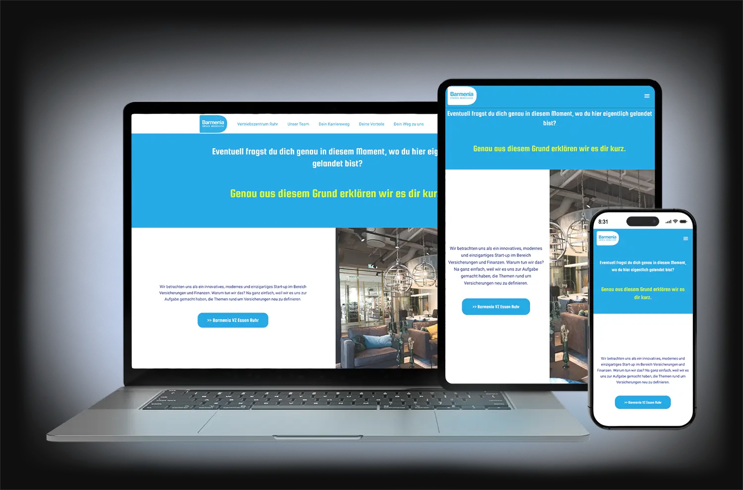 Mock-up dreier unterschiedlicher Endgeräte in Form eines Notebooks (PCs), eines Tablets und eines Smartphones zur Darstellung verschiedener Ausschnitte einer responsiven Unternehmenswebsite, die auf allen Endgeräten gut aussieht. Die Umsetzung erfolgte durch Gernhard Unternehmenswebseiten und zeigt die Seite von www.revolution-of-insurance.de.