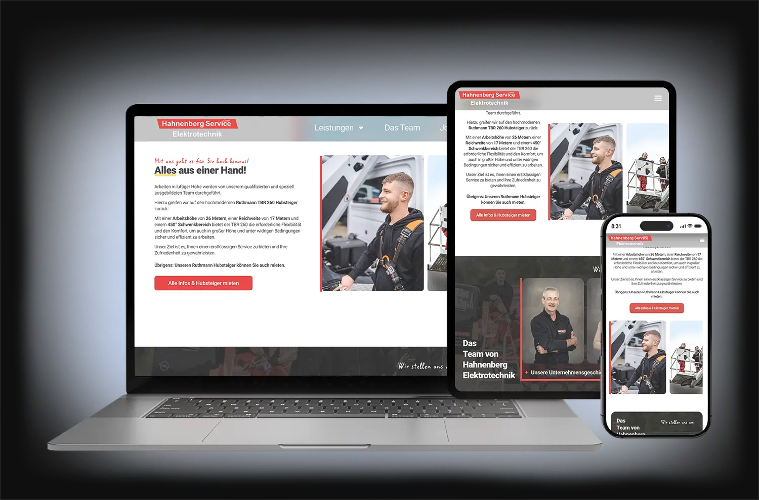 Mock-up dreier unterschiedlicher Endgeräte in Form eines Notebooks (PCs), eines Tablets und eines Smartphones zur Darstellung verschiedener Ausschnitte einer responsiven Unternehmenswebsite, die auf allen Endgeräten gut aussieht. Die Umsetzung erfolgte durch Gernhard Unternehmenswebseiten und zeigt die Seite von www.hahnenberg-elektro.de.